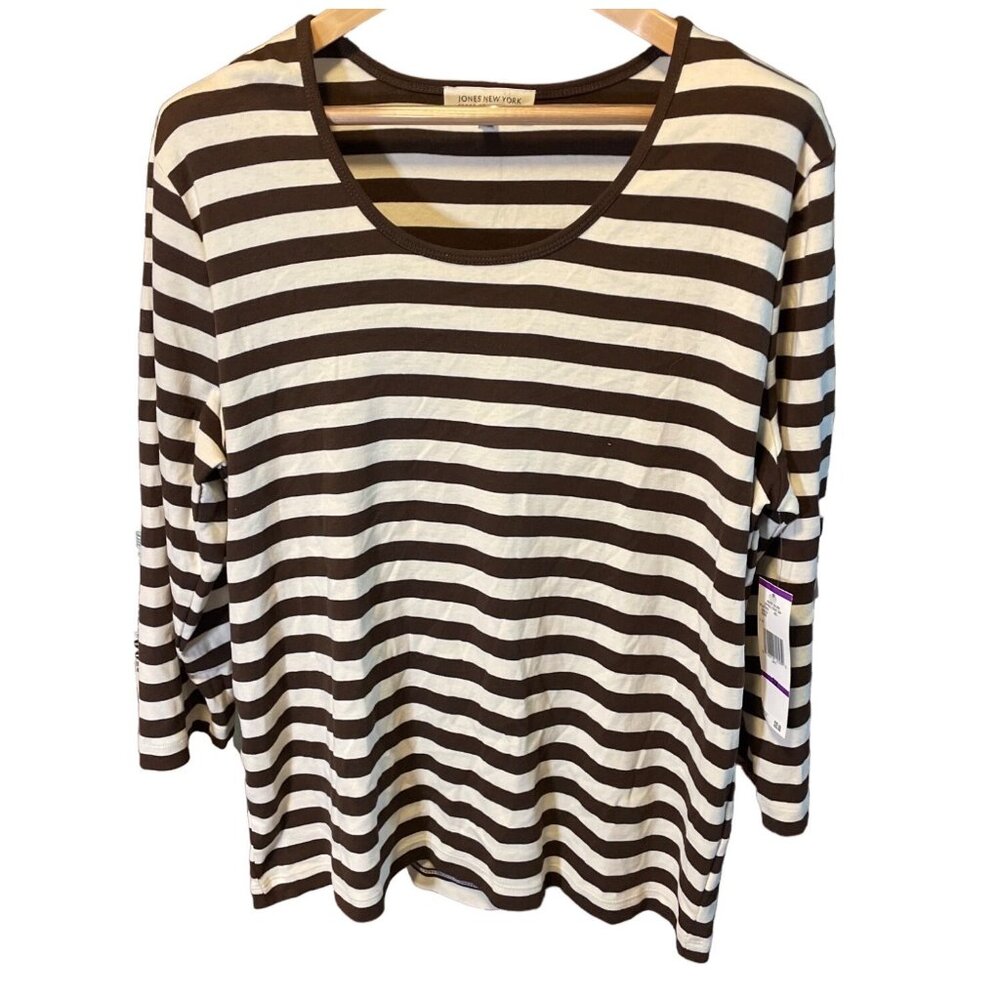 Jones New York NWT Brown White Striped 3/4 Sleeve Scoop Neck Top Sz 2X
